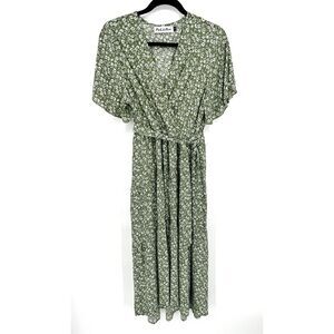 PINK & FLARE Green White Boho Ditzy Floral Faux Wrap Midi Dress Size Medium